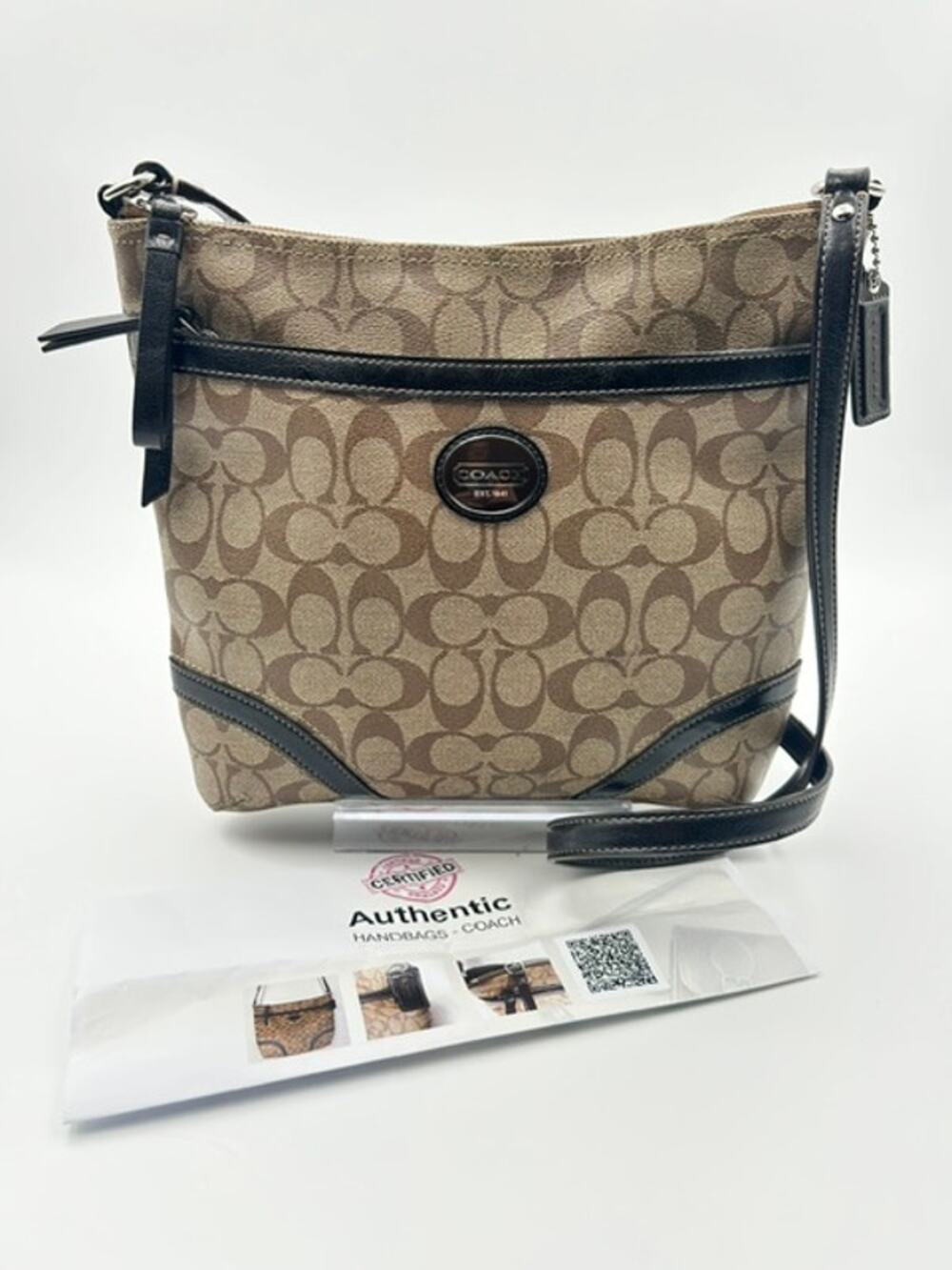 Coach Signature C File Crossbody Bag Khaki Brown Leather Y2K Shoulder Purse